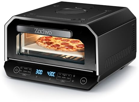 ZACHVO Pizzaofen Elektrisch, bis 450°C für 90-Sekunden-Neapolitanische Pizza, 13 Programme (6 Pizza- & 6 Kochmodi + Profi-Funktion), Doppelte Heizelemente, Pizzaschaufel & Pizzastein & Backblech