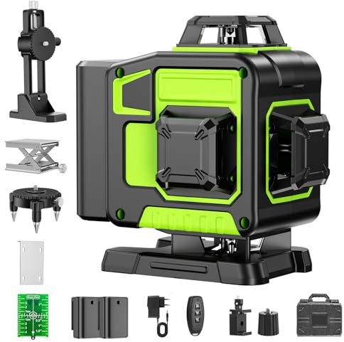 Nivel Laser Autonivelante 360 Grados, Nivel Láser Verde 16 Líneas, 2 x 360 Horizontal y 2 x 360 Verticales, 2 x Batería, Montaje en Pared, Control Remoto, Base Magnética, Soporte Giratorio