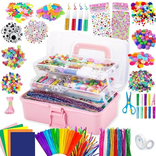 Drookaen Bastelset Kinder, 3000+Pcs Bastelkoffer Bastelbedarf Set Gehören Pipe Pfeifenreiniger Chenilledraht Pompons Kulleraugen DIY Weihnachten DIY Set für Kinder Zum Basteln und Dekorieren