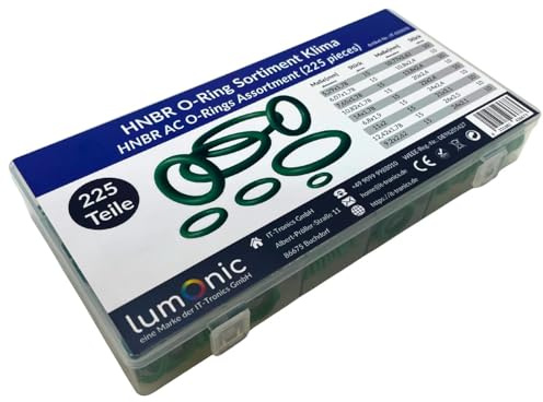 Lumonic Klima O-Ring Sortiment HNBR | 225 Teile, 18 gängige Größen (5-26mm) | -40°C bis +120°C | Klimaanlagen AC Dichtungsringe Set, hydriertes Nitril | in praktischer Sortimentsbox