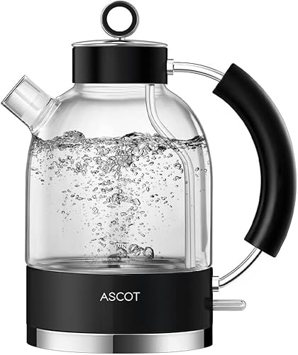 ASCOT Wasserkocher Glas, Elektrischer Wasserkocher Geschenke für Männer/Frauen 1,5L, Retro Leiser Schnellkochkessel, Trockengehschutz und automatische Abschaltung (Schwarz)