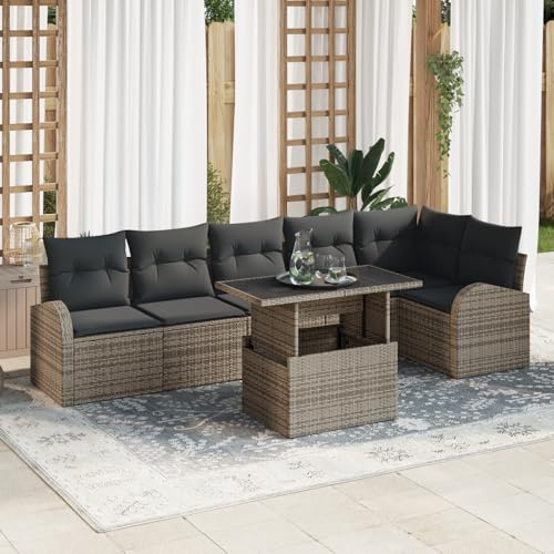 IBUQDDV 7-TLG. Garten-Sofagarnitur mit Kissen Grau Poly Rattan, 6 Personen Sitzgruppe für Balkon und Terrasse, Wetterfeste Outdoor Möbel mit Abnehmbaren Bezügen, Modernes Design