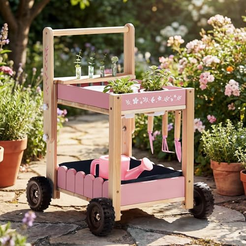 ROBOTIME Carrello da giardino in legno per bambini, con 4 bicchieri e 4 provette idroponiche, annaffiatoio, 3 attrezzi da giardino, etichette per piante e schede di registro per piante, a partire dai