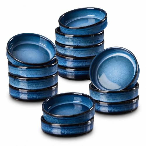 ONEMORE Creme Brulee Ramekins 4 oz Ceramic Ramekin Set of 14, Oven Safe Baking Ramekins, Small Sauce Dishes, Stackable Blue Custard Cups, Dishwasher Microwave Safe