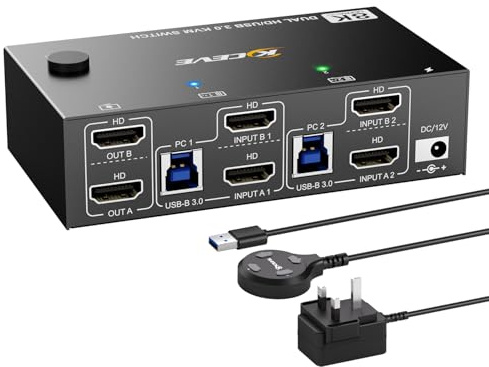 USB3.0 HDMI KVM Switch 2 Monitors 2 Computers, 8K@60Hz 4K@144Hz Dual Monitor KVM Switch Sharing 4 USB3.0 Ports, with Power Adapter, Wired Remote Control and 2 USB Cables
