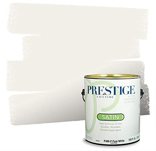 PRESTIGE Paints P400-P-876BM Interior Paint and Primer In One Satin Comparable Match of Benjamin Moore, 1 gallon, Alabaster