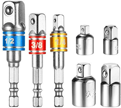 EVANCE 7pcs Impact Adapter and Reducer Set Extenson Set Drill into High Speed Nut Drill, 1/4, 1/2, 3/8 3PCS Socket Adapter and 4PCS Adapter Converter(Sliver)