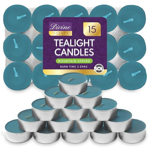 SOL 15pk Scented Tea Light Candles Mountain Spring - 3.5hr Long Burn Time, Ideal for Home, Relaxation, Romantic Dinners, Weddings, Festive Decor, Cosy Evenings, Christmas & New Year, Great for Gifting