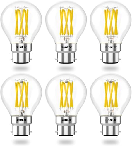 Bonlux 6pack B22 Bayonet LED Light Bulbs Dimmable 6W B22 LED Bulbs 60W Equivalent 2700K Warm White G45 Golf Ball Bulb GLS Energy Saving BC LED Filament Bulb Clear Glass for Chandelier,Table Lamp