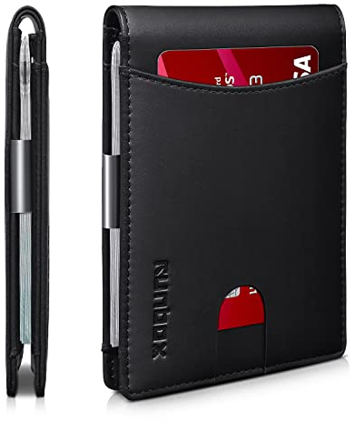 RUNBOX Smal sedelklämma plånböcker för män, minimalistisk korthållare liten läder dubbelvikt RFID-blockerande herr framficka plånbok med 11 kortfack presentask, matt svart, M, minimalistisk