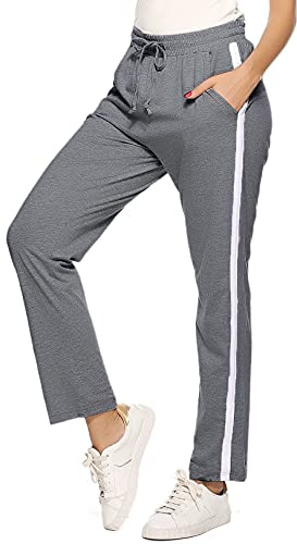 Irdcomps Joggingbyxor dam bomull långa sportbyxor hög midja dam träningsbyxor med ränder fritidsbyxor sidofickor för yoga och löpning S–XXL, A-mörkgrå