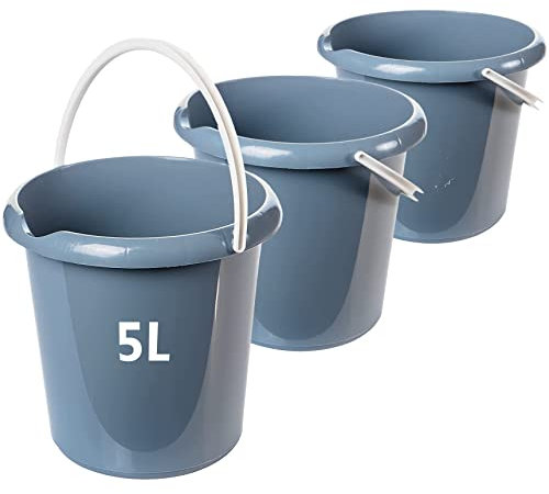 Putzeimer 5l, 3 Stück Eimer, Wischeimer mit Ausguss, Bucket, Haushaltseimer 5 Liter, Wassereimer, Putzkübel, Kotzeimer, Emmer, Stabiler Plastikeimer lebensmittelecht, Grau, Model Irina, Made in EU