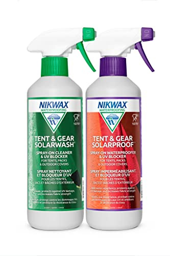 Nikwax Tent & Gear, Tent & Gear Duo-Pack, 500 ml, SolarWash & SolarProof Spray de Limpieza e impermeabilización, Limpiador, restaura la repelencia al Agua DWR en Tela al Aire Libre, Mosca de Lluvia