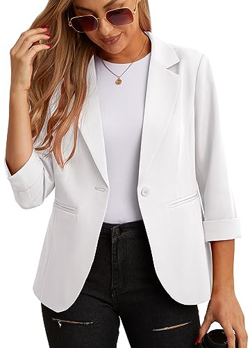 GRECERELLE Blazer élégant à manches 3/4 pour femme - Veste décontractée pour le travail - Blazer de bureau - Veste de costume et blazers avec poches et bouton pour femme, blanc, 38