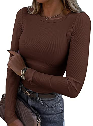 Smile Fish Camiseta de manga larga para mujer, elástica, cuello redondo, acanalada, ajustada, casual, básica, marrón, M