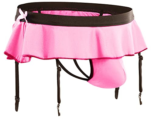 QiaTi Sissy Pouch trosor för män crossdresser herrunderkläder kjol G-string stringtrosor med strumpband, 3 # rosa, one size