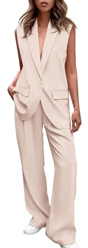 Keepink Ensemble Gilet et Pantalon pour Femmes Costumes Ensemble 2 Pièces Col V Sans Manches Gilet Boutonné Pantalon Large Costume Blazer Ensemble d'Été Assorti Pantalon Coton Lin Costume Business