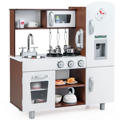 COSTWAY Kids Play Kitchen, Wooden Pretend Cooking Playset with Light, Sound, Accessory Utensils, Toy Telephone, Children's Chef Role Play Set for Boys Girls (Brown)