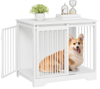 Hzuaneri 81cm Cage pour Chiens, Table d’Appoint, Niche Moderne pour Chiens, Cage pour Chiots, Maisonnette pour Animaux, 2 Portes, 81 x 55 x 67,5 cm, Blanc DFC83613W
