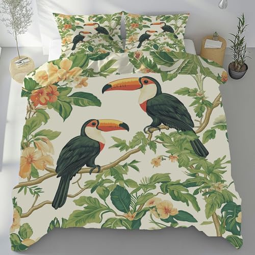 Meugesoi Tropischer Tukan Bettbezug 135x200 cm mit 2 Kissenbezüge 80x80 cm, Pflanzen Blumen Bettwäsche 3-Teilig mit Reißverschluss Bügelfrei, Bettwäsche Set Mikrofaser Weich