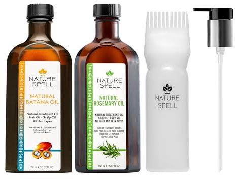 Nature Spell Hair Growth Duo with Rosemary & Batana Oils, Pre-Diluted Oil Set to Stimulate Growth & Strengthen Dry Strands, with Applicator & Pump, For All Hair Types, Vegan