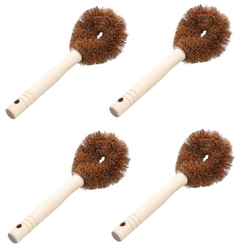 BESTYASH Coconut Fibre Dishwashing Brush Set 4-Pack with Long Non-Slip Handles Hanging Holes for Pan Pot Sink Cleaning Kitchen and Bathroom Use