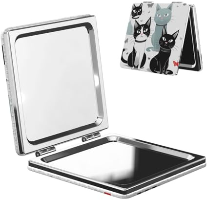 KLLTYHMU Specchio compatto da donna, portatile, tascabile, pieghevole, mini specchio con ingrandimento 2 x 1x, specchio da borsetta con gatti bianchi e neri, specchio da viaggio, per feste e amici