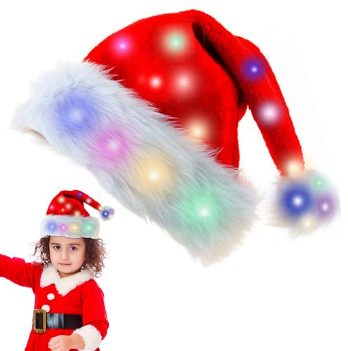 DAJASD LED Weihnachtsmütze, Plüsch Weihnachtsmützen mit Leuchtendem, Nikolausmütze Rot, Nikolausmütze für Weihnachten Partys Feiertage und Neujahrsgeschenk für Kinder, Weihnachtsmützen Erwachsene