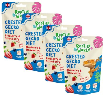 Reptile World Crested Gecko Diet - Blueberry & Strawberry 60g x 4 | Complete Food for Geckos, All Natural, 65% Real Fruit, Made in the UK
