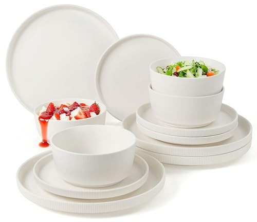 Jiwoo Geschirrset & Tafelservice 12 tlg für 4 Personen Bone China | 4 Speiseteller, 4 Dessertteller & 4 Schüsseln – stapelbar, spülmaschinen- & mikrowellengeeignet, robust und pflegeleicht