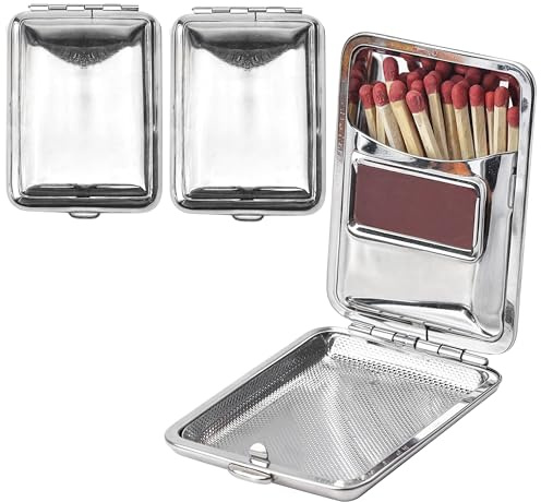 2Pcs Metal Match Box Case, Stainless Steel Matchboxes, Matchstick Holder with Friction Plate Striker, Portable Mini Vintage Storage Reusable One Button Waterproof Starter for Fireplace Outdoor Camping