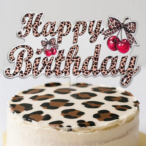Leopard Cake Topper Cherry Happy Birthday Acrylic Cake topper Cheetah Cherry Birthday Decor for Safari Baby Shower Bachelorette Party Decorations