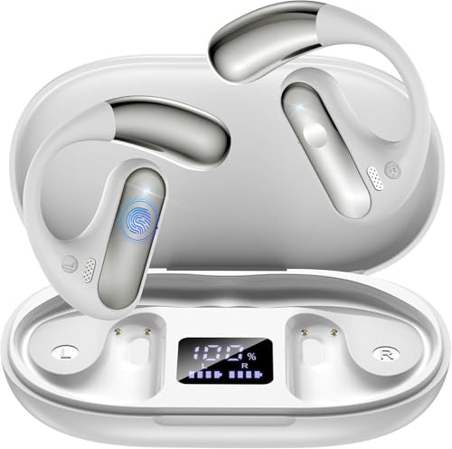 EUQQ Auricolari sportivi Bluetooth Bianco-Con tecnologia Bluetooth 5.4,design aperto,auricolari a conduzione ossea,fino a 50 ore di riproduzione,perfetti per sport,corsa e attività all'aperto