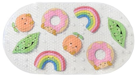 OHS Bath Mat Non Slip Anti Mould Kids Clear, Sweetie Pies Print Long Shower Mat with Suction Cups Flexible Oval PVC Bathtub Mats Shower Mats for Inside Shower Bathtub Toddler Kids, 39 x 69cm