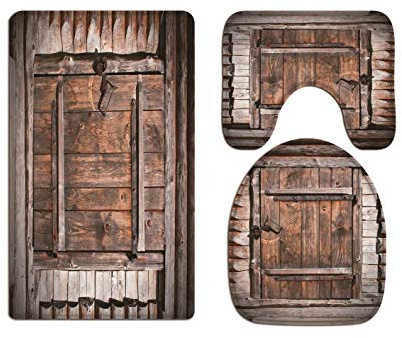 A.Monamour Badezimmer Badematte 3 Teilig Set Set Vintage Alten Rustikalen Hölzernen Scheunentor Holz Planken Kunstdruck Flanell Saugfähig Badteppiche Badvorleger Badgarnitur WC Vorleger