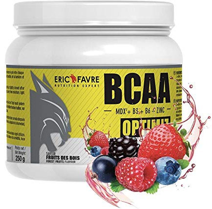 BCAA OPTIMIZ - Acides Aminés BCAA 2.1.1 enrichis en Vitamine B + Zinc, Aide à Réduire la Fatigue - 250g - Saveur Fruits des Bois - Eric Favre