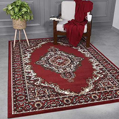 VIMODA Teppich Orientalisch Muster kurzflor Klassisch Wohnzimmer, Esszimer, Flur- Beige Rot, Maße:80x300 cm