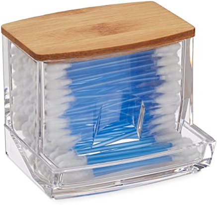 Relaxdays Wattestäbchen Aufbewahrung, Acryl, Bambus, Box mit Deckel, kleiner Ohrstäbchen Spender Bad, transparent/natur