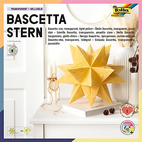 folia 826/2020 - Bastelset Bascetta Stern, Transparent rosa, 20 x 20 cm, 32 Blatt, fertige Größe des Papiersterns ca. 30 cm, mit ausführlicher Anleitung - ideal zur zeitlosen Dekoration