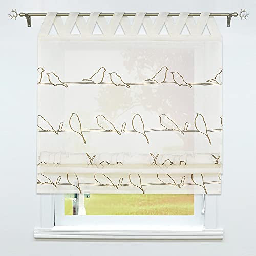 SCHOAL Raffrollo mit Schlaufen Halbtransparente Raffgardine Landhaus Schlaufenrollo Gardinen Leinen Bestickt BxH 60x140cm 1 Stück