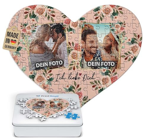 Foto-Puzzle selbst gestalten - Ich Liebe Dich - mit 2 Fotos Bedrucken - Herz-Puzzle Personalisieren - Geschenk zu Valentinstag, Jahrestag - 114 Teile inkl. Metalldose