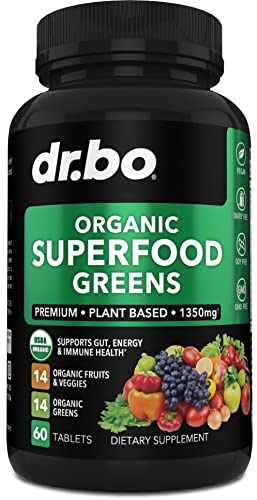 Organic Superfood Greens & Fruit Supplements - Energy Super Food Fruits and Veggies Supplement Tablets - Daily Green Veggie Powder Blend Plus Vegetable Foods Alfalfa, Spinach, Cabbage & Spirulina Tabs