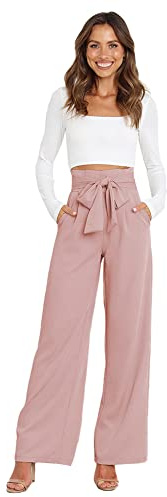 Odizli Pantalon Femme Élégant Taille Haute Long Large pour l'été - Pantalon d'affaires - Pantalon de fête avec Ceinture, Rose, L
