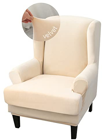 Highdi 2-Teilig Samt Ohrensessel Überzug, Super Weich Sesselüberwürfe Elastisch Ohrensessel Schonbezüge Sesselhusse Sesselbezug Tiger Stuhlbezug mit Armlehne Hohe Rückenlehne (Beige)