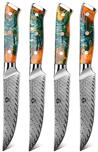 WILDMOK Lot de 4 couteaux à steak non dentelés de 12,7 cm, couteaux à steak japonais en acier Damas VG10, ensemble de couteaux à steak de qualité supérieure avec boîte cadeau
