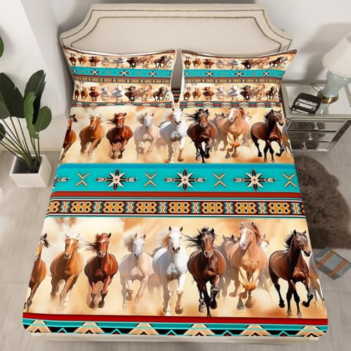 Horses Fitted Sheet Twin Horse Themed Room Decor for Girls, Bohemian Native Aztec African Tribal Horse Print Bedding, Boho Western Rustic Farmhouse Bedroom Bed Sheets Exotic Style Bed Set
