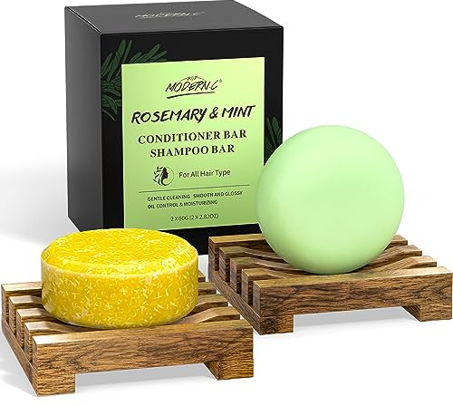 POP MODERN.C Rosemary Solid Shampoo and Conditioner Bar Set for Hair Growth, Moisturizing, 160g, 2.8219 Ounce, 2x80g Soaps, 2 Wooden Holder, Mother's Day Gift
