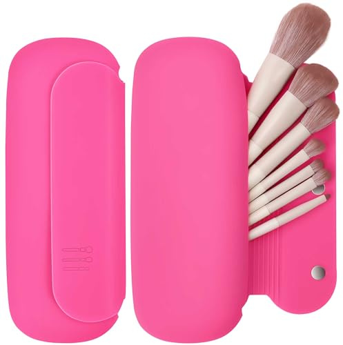 BAGCRAZY Silicone Travel Makeup Brush Holder for Women with Magnetic Closure and Built-in Brush Cleaner, Washable Cosmetic Organizer, Gift-Ready Pouch, Rose Red