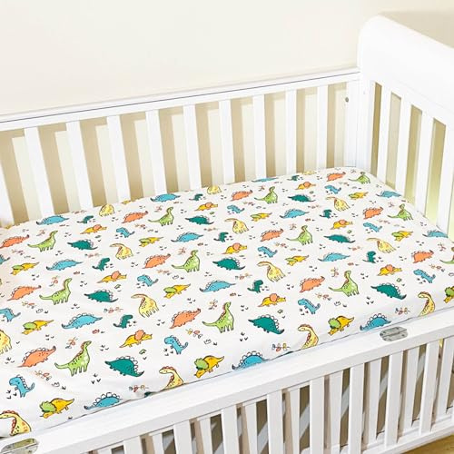 Odot Spannbettlaken für Kinderbett, Kinderwagen Matratzenbezug Baumwolle Weiche Karikatur Spannbetttuch Babybett Beistellbett Spannbettlaken Stubenwagen Bezug (120x60cm,Dinosaurier Muster)