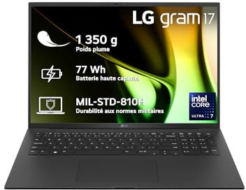 LG Gram 17Z90S-G.AD7BF - PC Portable 17 1350g, écran IPS QHD+ 16:10, Plateforme Intel® Evo™ Ultra 7 155H, RAM 32Go, SSD 2To NVMe, Intel Iris XE, Thunderbolt™ 4, Windows 11, Clavier AZERTY, Noir